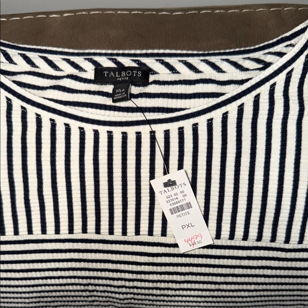 Talbots Petite Navy & White Ribbed Stripe blouse